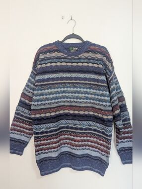 Iris Lane 90s Wool/Silk Blue Red Textured Made In Italy Striped Pullover Sweater